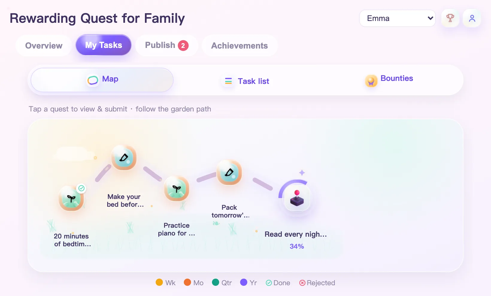Family goal app quest map — a child's daily reading, bed-making and piano quests as stops on a garden path, with the monthly goal ring at 34%